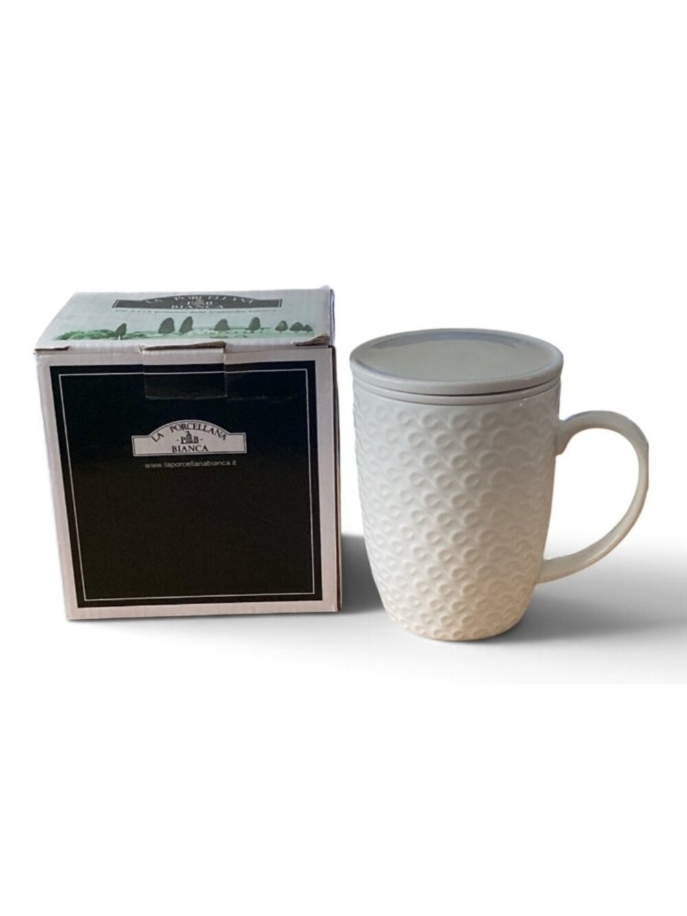 La Porcellana 3 Piece Tea Infuser Mug Set NEW White Wave Texture